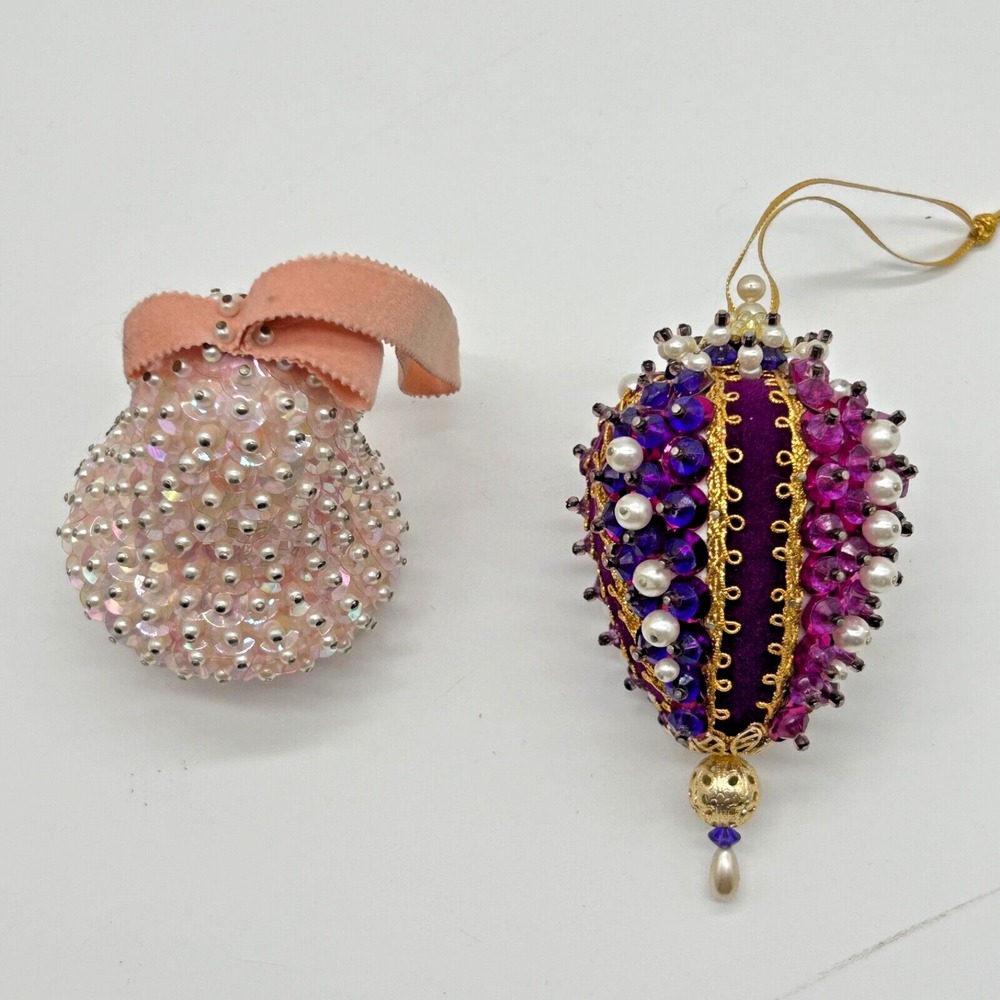 Vintage Beaded Sequins Push Pin Christmas Ornament Pink Bell Purple Ornate Set 2
